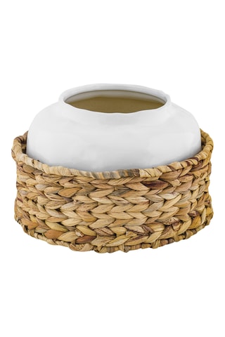 Jarrón de cerámica y soporte de ratán Siranuse - Blanco y beige