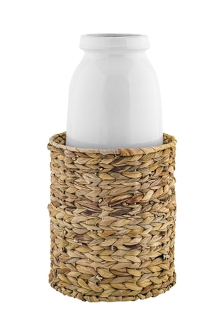 Jarrón de cerámica y soporte de ratán Siranuse - Blanco y beige