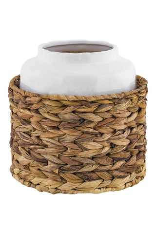 Jarrón de cerámica y soporte de ratán Siranuse - Blanco y beige
