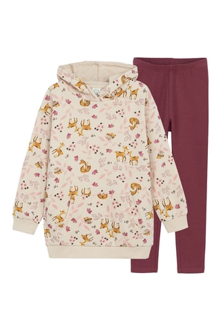 Felpa con cappuccio e leggings - Beige e bordeaux