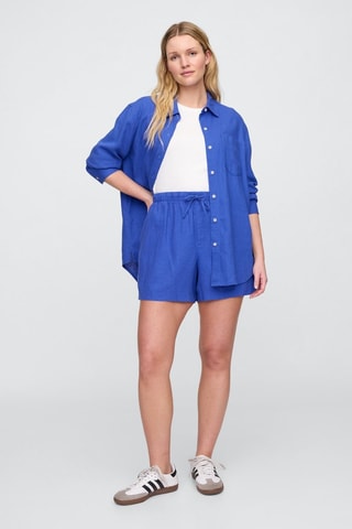 Shorts in lino a vita alta - Blu scuro
