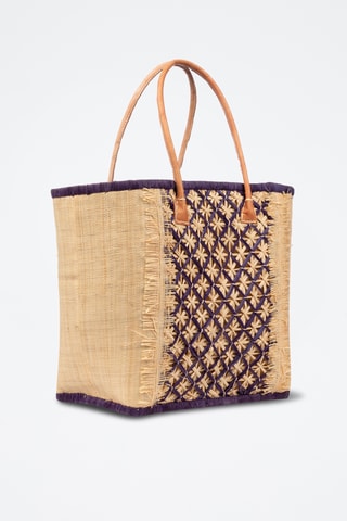 Panier en raphia et paille - 37 x 34,5 x 20 cm - Bleu