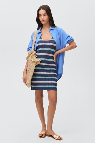 Robe en maille ajourée rayures - Bleu