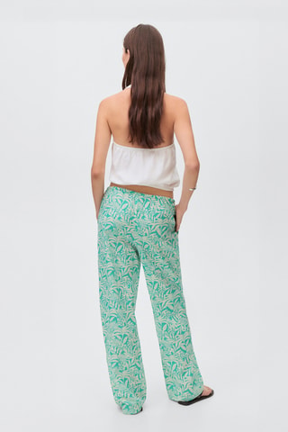 Pantalon en coton imprimé feuilles - Turquoise
