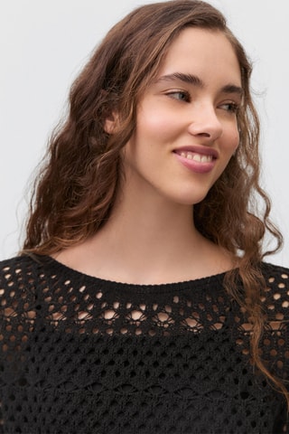 Pull-over ajouré détail franges - Noir