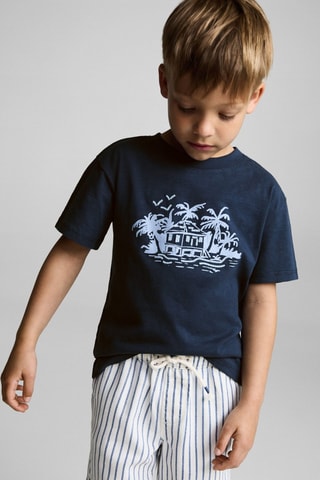 T-shirt coton motif en relief - Bleu