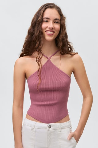 Top maille côtelée emmanchures américaines - Rose