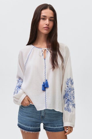 Blouse brodée manches bouffantes - Blanc