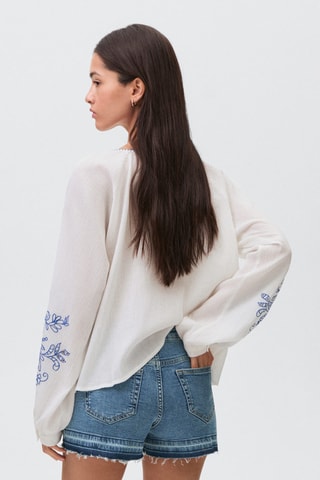 Blouse brodée manches bouffantes - Blanc