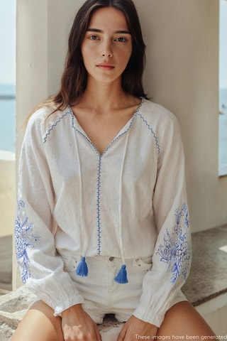 Blouse brodée manches bouffantes - Blanc