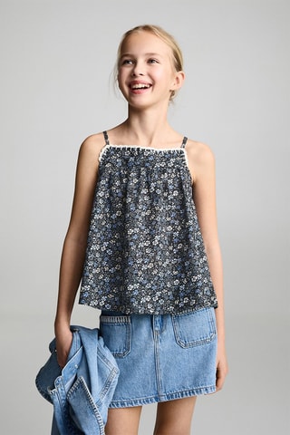 Blouse brodée fleurs - Bleu