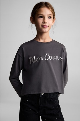 T-shirt manches longues détail strass - Gris