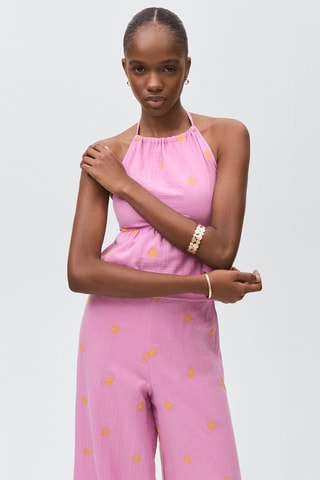 Pantalon style jupe-culotte broderie - Rose
