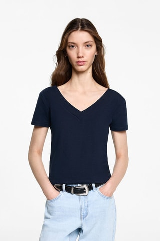 T-shirt crop maille - Bleu marine