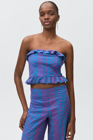Top empiècement broderie suisse - Bleu