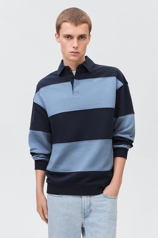 Sweat rayures col polo - Bleu marine