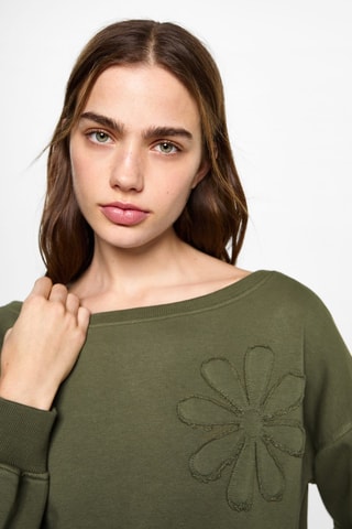 Sweat-shirt broderie florale - Vert