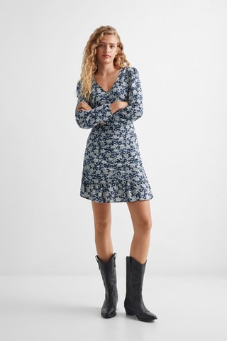Robe à fleurs détail froncé - Bleu marine