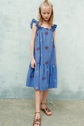 Robe brodée fleurs - Bleu