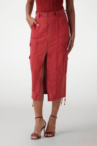 Jupe midi en lin taille haute - Rouge
