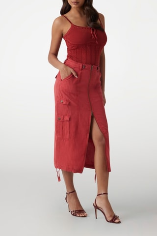 Jupe midi en lin taille haute - Rouge