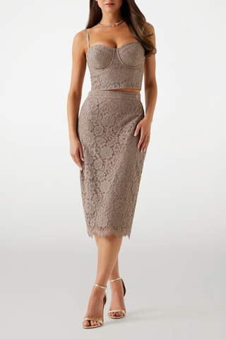Jupe droite taille haute en dentelle - Taupe
