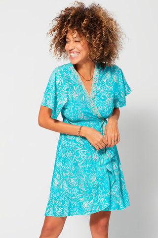 Robe portefeuille - Turquoise et beige