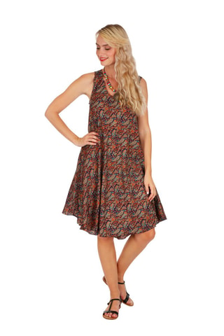 Vestido evasé - Azul y naranja