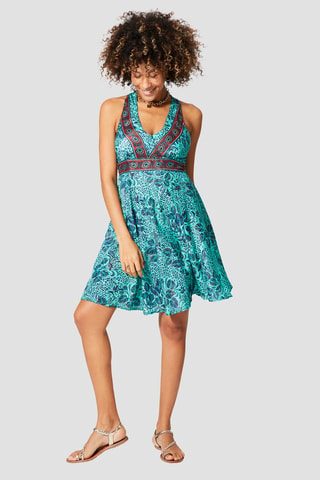 Vestido evasé - Dorado y turquesa