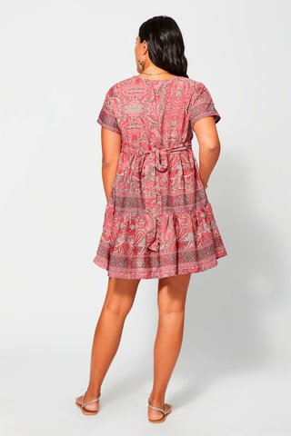 Vestido trapecio avolantado - Rosa y gris