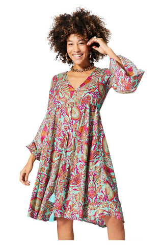 Robe trapèze - Doré et turquoise