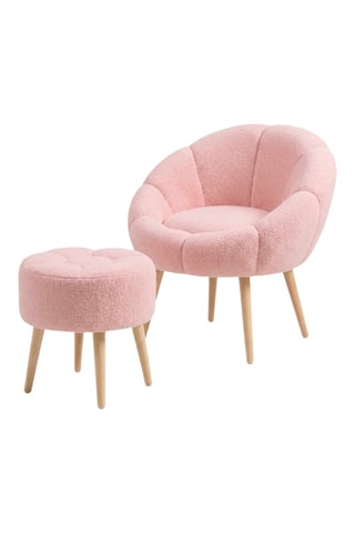Fauteuil et pouf en frêne Lida - Rose - En tissu bouclette