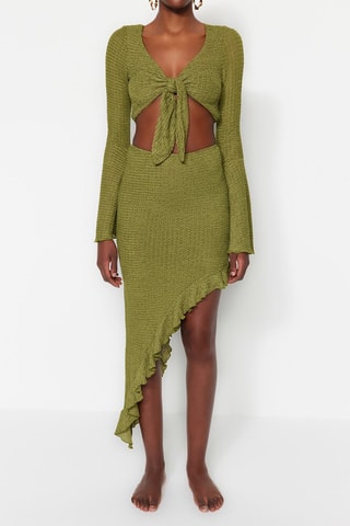 Crop top e saia assimétrica de cintura subida - Caqui - Verde