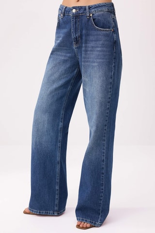 Calças de ganga wide legs cintura subida - Azul-escuro