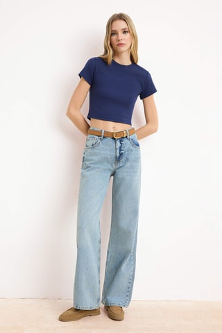 Calças de ganga wide legs cintura subida - Azul-claro