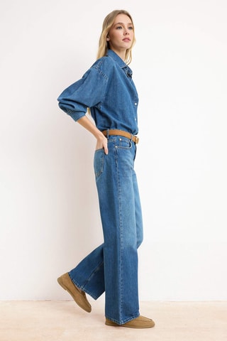 Calças de ganga wide legs cintura subida - Azul-escuro