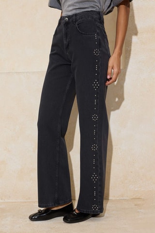Calças de ganga wide legs cintura subida - Preto