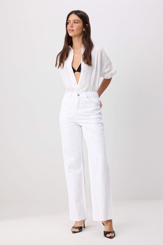 Calças de ganga wide legs cintura subida - Branco