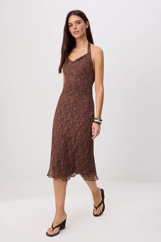 Vestido midi em renda - Castanho