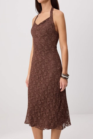 Vestido midi em renda - Castanho