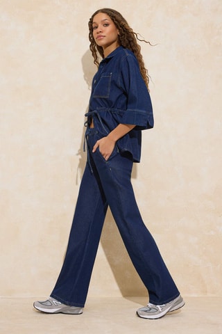 Calças de ganga wide legs cintura subida - Azul-escuro