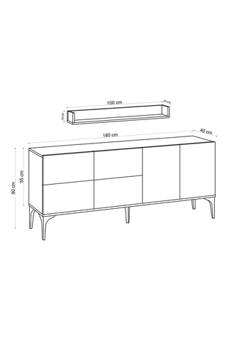 Buffet 6 portes et étagère murale - 180 x 40 x 80 cm et 100 x 15 x 15 cm