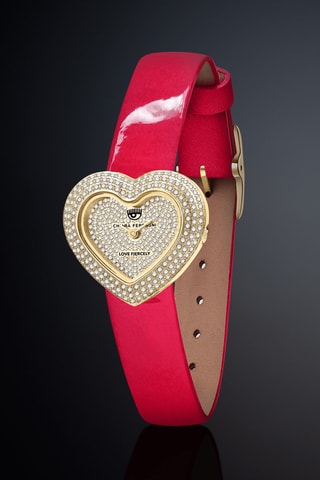 Montre à quartz en cuir verni- Doré et rouge