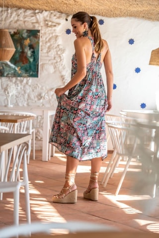 Robe midi en soie - Noir et rose