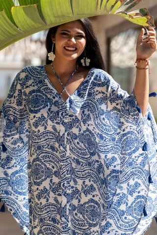 Robe Caftan en soie - Blanc et bleu