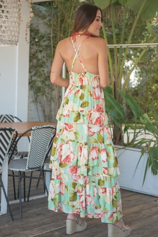 Robe longue - Vert et rose
