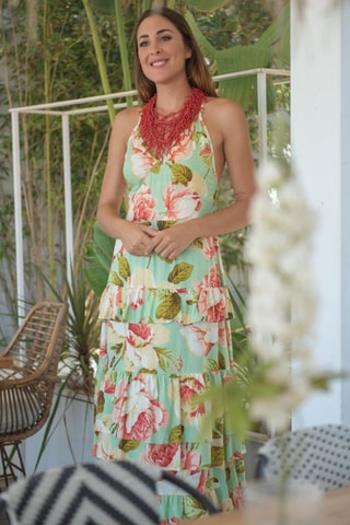 Robe longue - Vert et rose