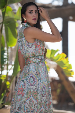 Robe chemise en soie - Vert et orange