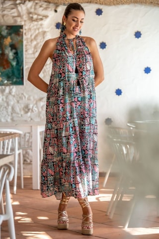 Robe longue en soie - Noir et rose