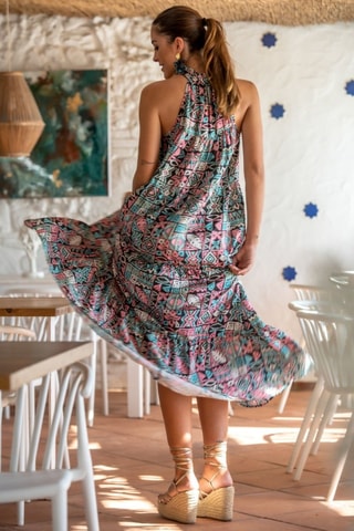 Robe longue en soie - Noir et rose